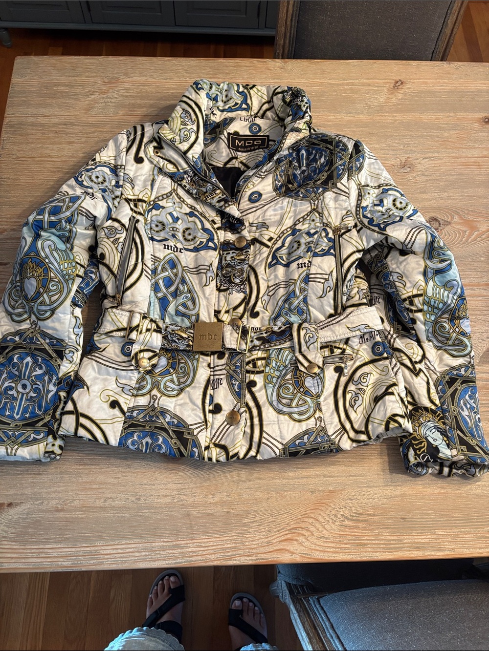 Doris Phister  Belted Ski Jacket in white , Blue, Gold Accents